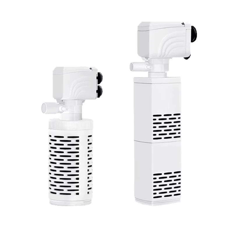 A white submersible aquarium filter pump with an air pump and wave maker.