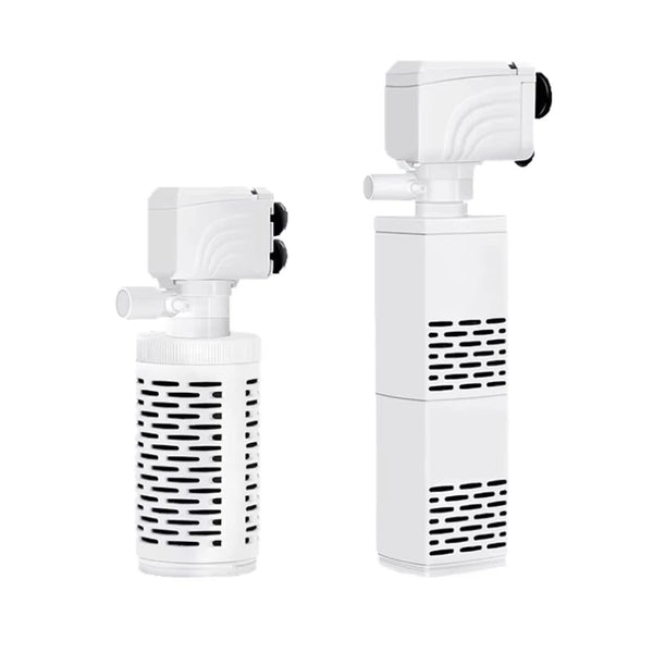 A white submersible aquarium filter pump with an air pump and wave maker.