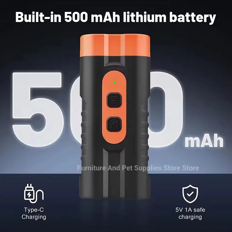 A black ultrasonic pet bark repeller device with an orange battery indicator and Type-C charging port.
