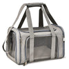 A gray portable pet carrier bag with padded straps and a mesh window is shown.