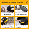 Reusable electrostatic pet hair remover gloves shown cleaning pets, sheets, sofa, and clothes.