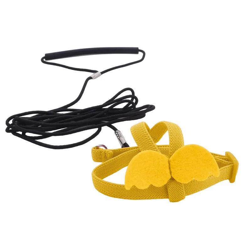 Yellow parrot bird harness and leash set with black strap