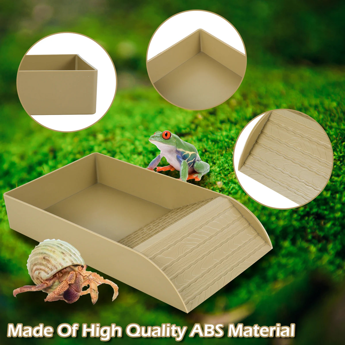 A light brown ABS plastic tortoise habitat bowl with an anti-slip ramp and a small green lizard resting on the surface.