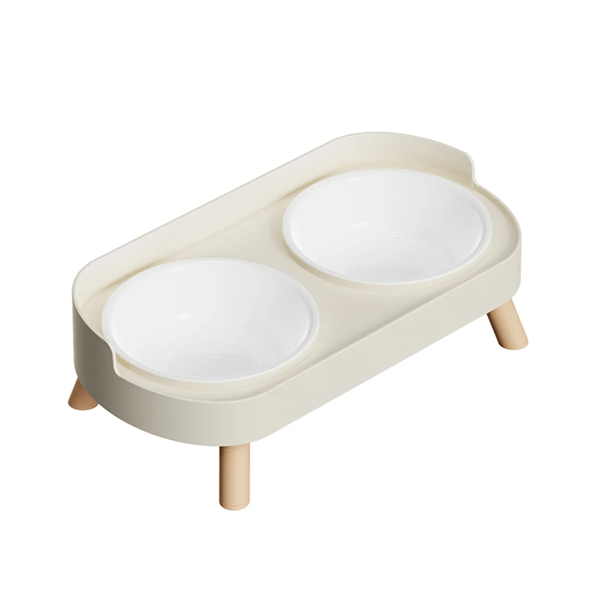 A light beige stainless steel double bowl for dogs and cats with a rectangular tray.