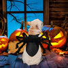 A white dog wearing a black spider costume sitting in front of carved jack-o'-lanterns.