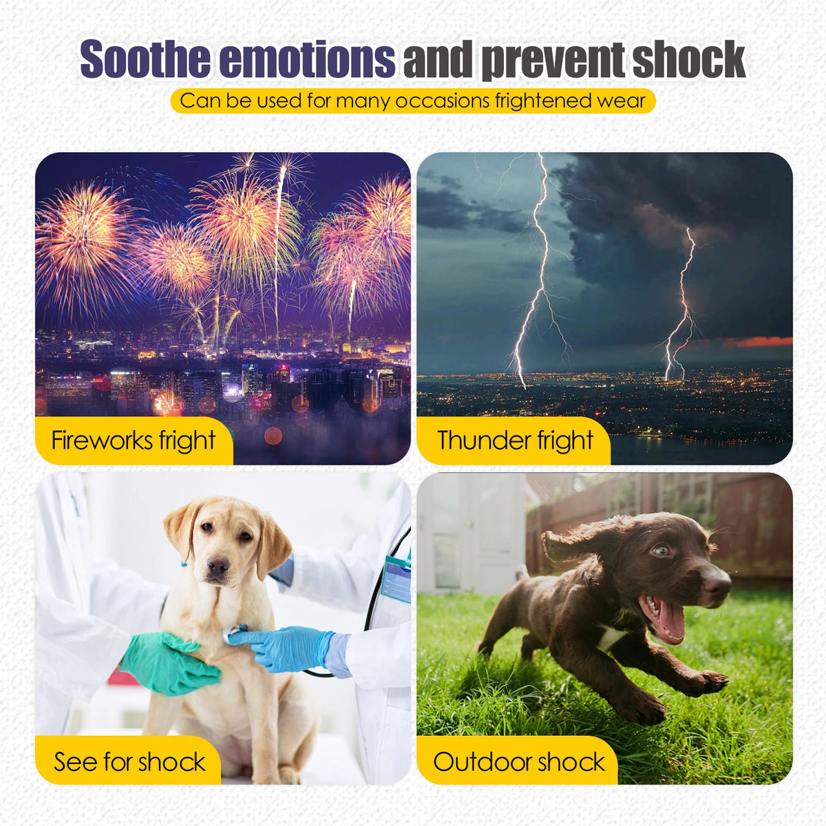 Gilet anti-anxiété apaisant pour chiens utilisé dans diverses situations comme feux d'artifice, tonnerre et extérieur.