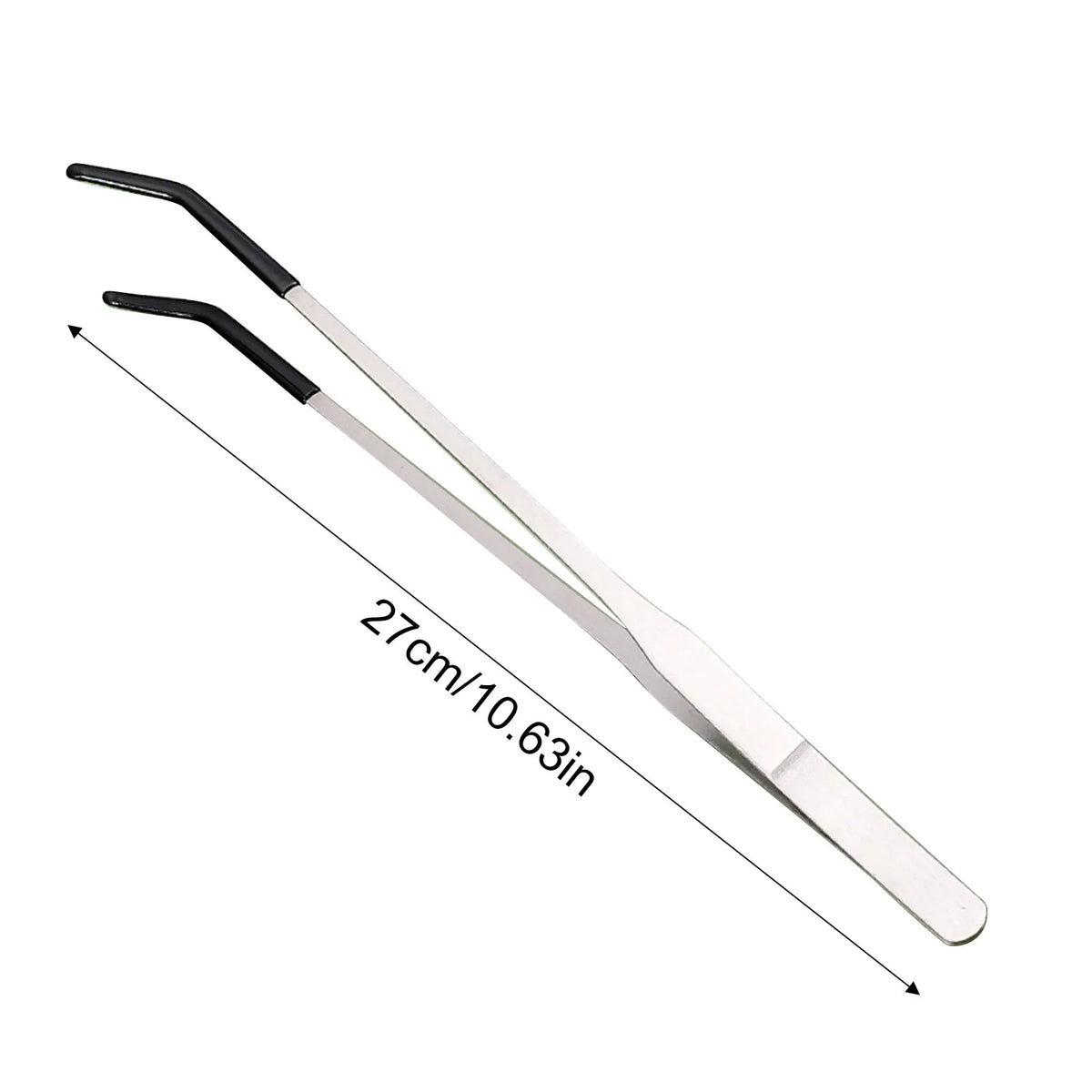 Stainless steel reptile feeding tongs with rubber tips shown diagonally.