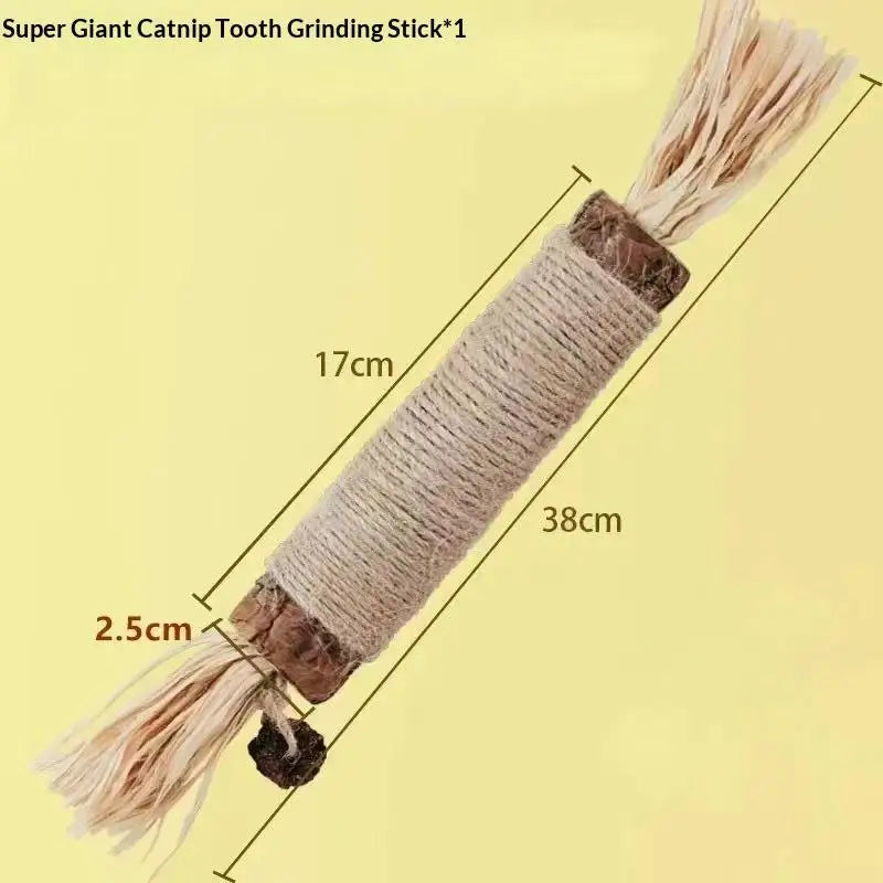 A bundle of natural wooden catnip teeth grinding sticks with twine and fluffy ends.