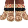 A pack of four anti-slip dog traction socks featuring brown and tan colors with red stitching.