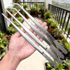 A hand holds a set of precision stainless steel tweezers, including straight and curved types, against a backdrop of potted g