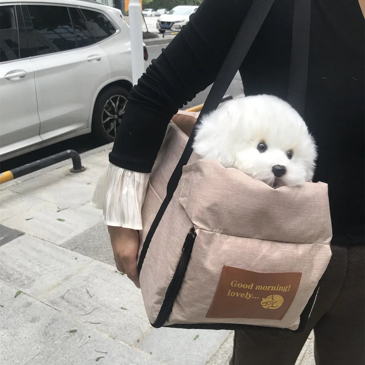 Eine Person trägt einen beigen Transportbehälter für Haustiere mit einem weißen, flauschigen Hund im Freien.
