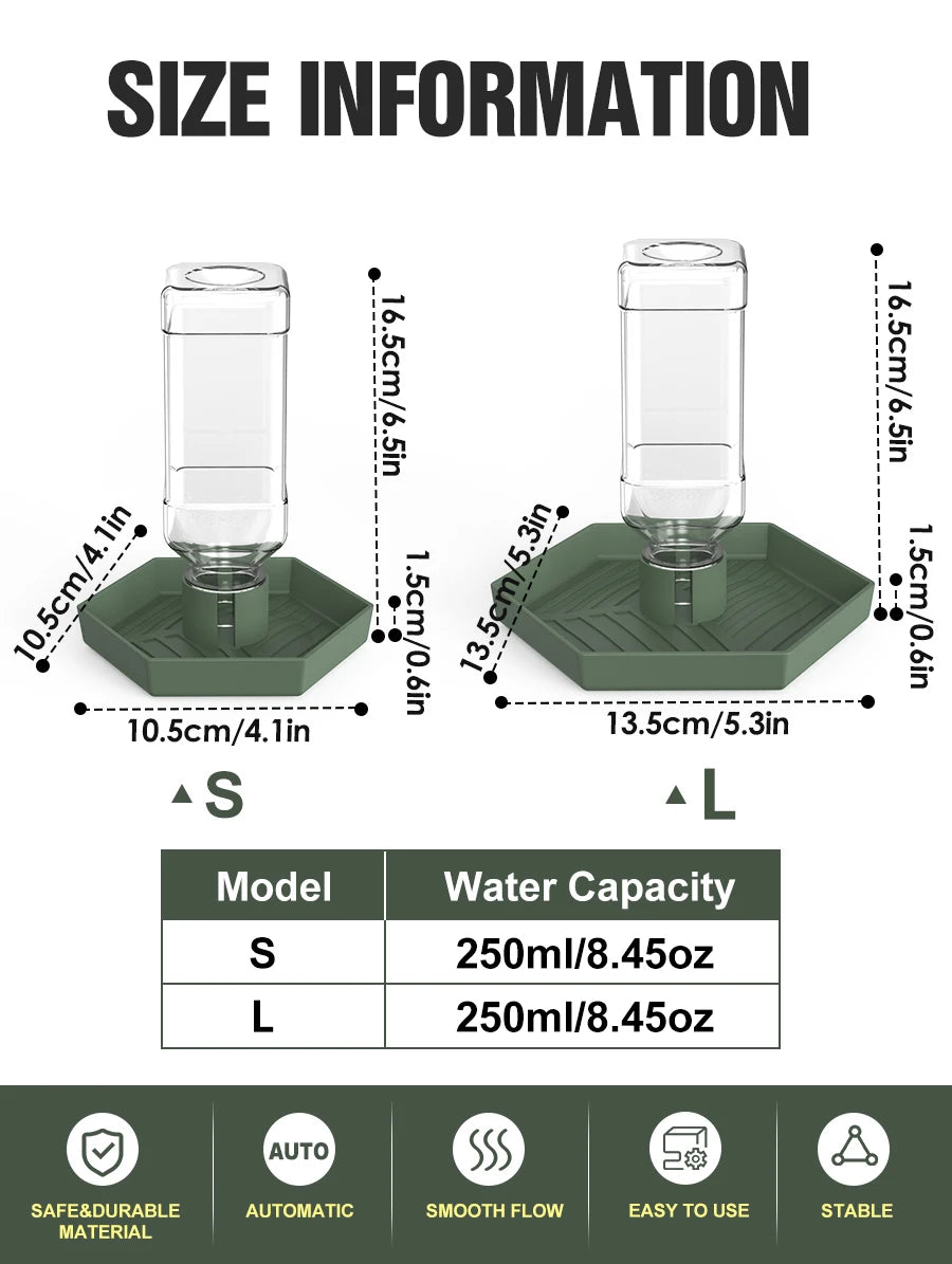 Size information chart showing dimensions and water capacity for small and large models of a bearded dragon water dish.