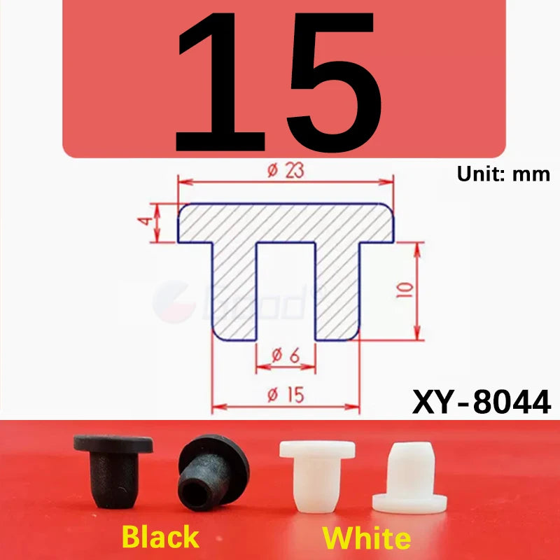 Black and white silicone rubber hole plugs shown next to a dimensioned diagram of an XY-8044 part.