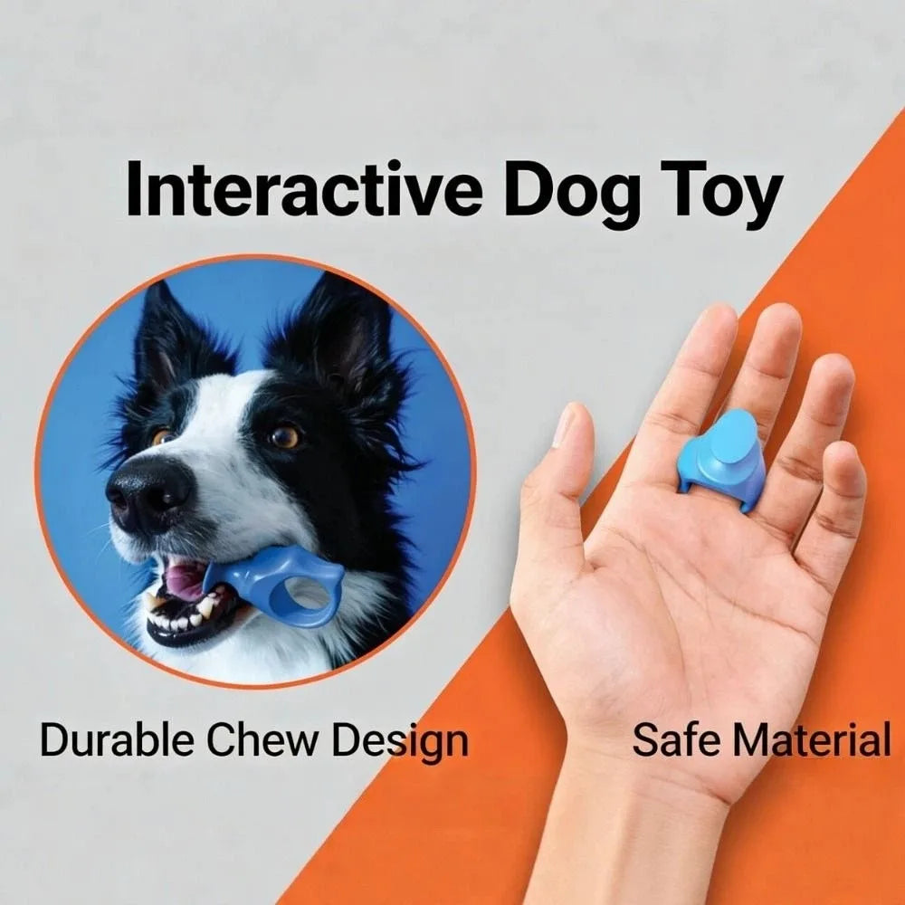 A hand holds a blue silicone pet toothbrush for dog and cat, next to an image of a dog.