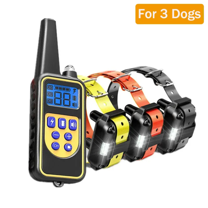 A black waterproof remote dog training collar with a yellow display and multiple modes for three dogs.