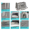 Gray travel pet carrier bag showing various features like anti-scratch mesh, zippers, and padded shoulder straps.
