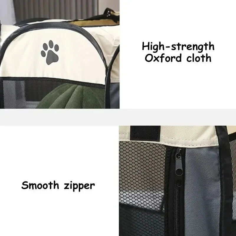 Close-up view of a pet playpen made with high-strength Oxford cloth and a smooth zipper.