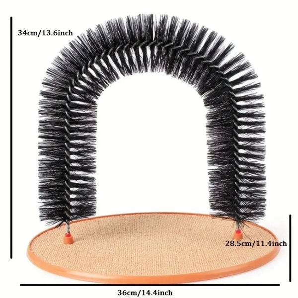 A black interactive cat grooming massage brush with a curved head and a wooden base.