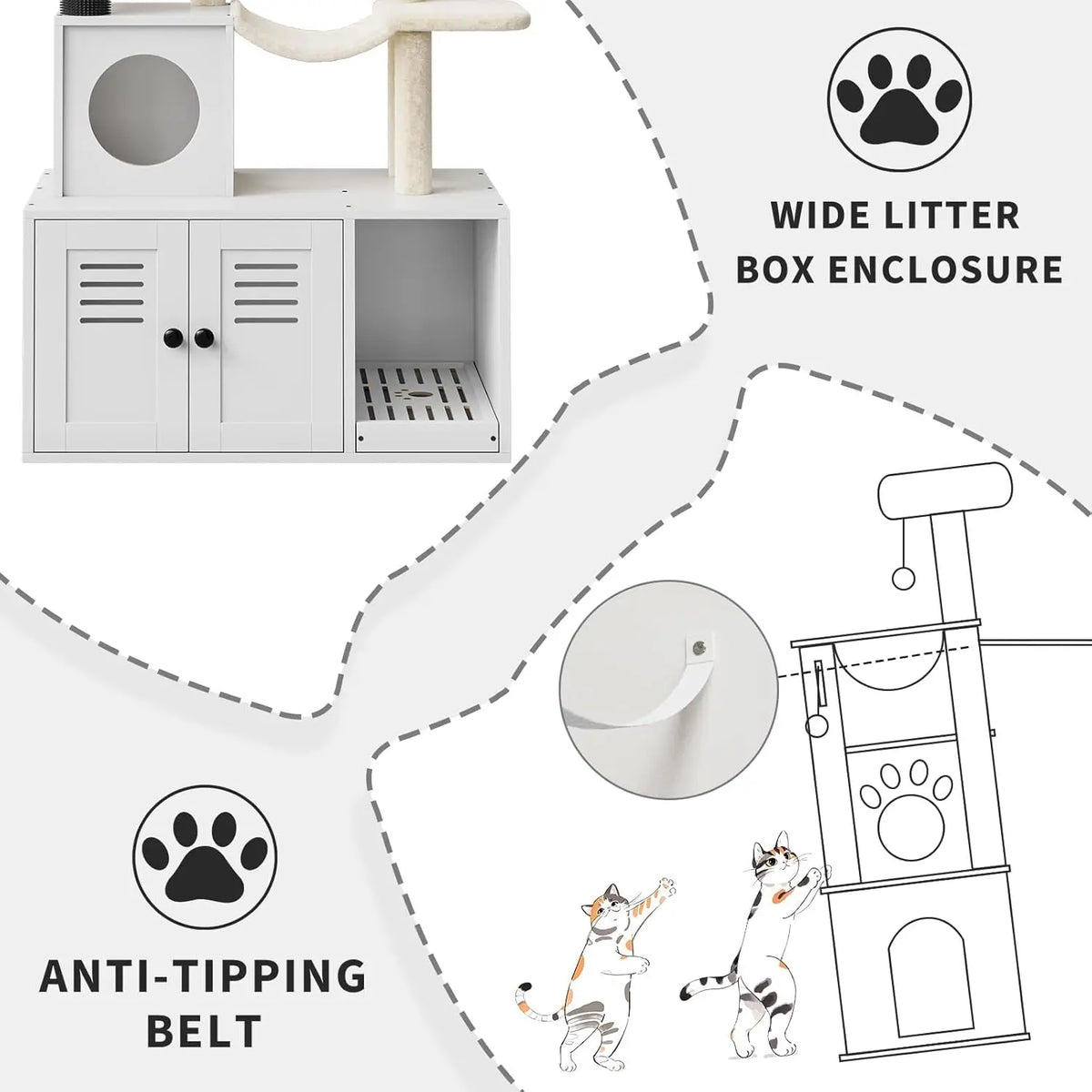 White 2-in-1 large cat enclosure with a hidden litter box and anti-tipping belt.