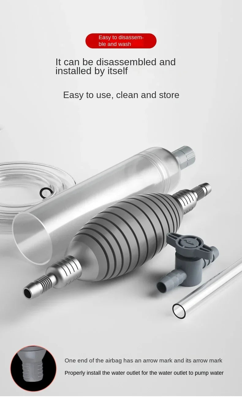 A silver aquarium gravel cleaner and water changer with a siphon pump, showing the components for installing a water outlet.