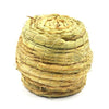 A tightly woven natural straw bird nest for pet avians, light yellow in color.
