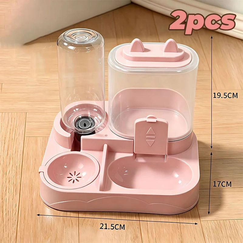 A pink 2-in-1 automatic pet water and food feeder set with a clear container and feeding tray.