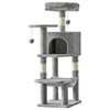 A multi-level sisal cat climbing tree with a top perch, a hollow box, and multiple platforms.