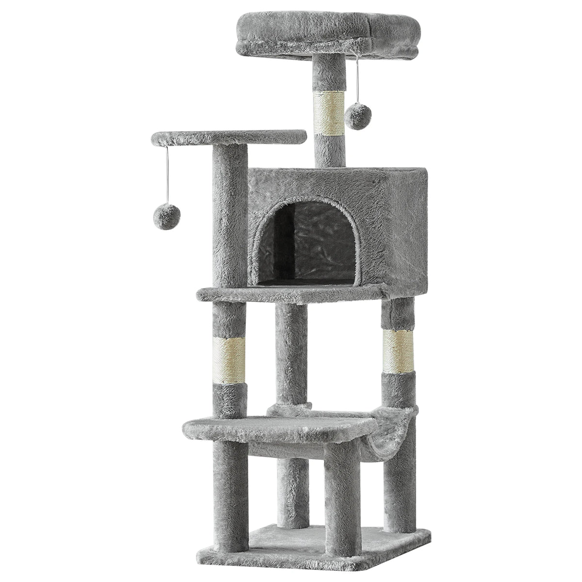 A multi-level sisal cat climbing tree with a top perch, a hollow box, and multiple platforms.
