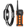 An orange remote dog training collar with a black strap and a sensor, shown next to the collar.