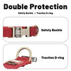 A red safety buckle and a brass traction D-ring are shown for double protection on a dog collar.