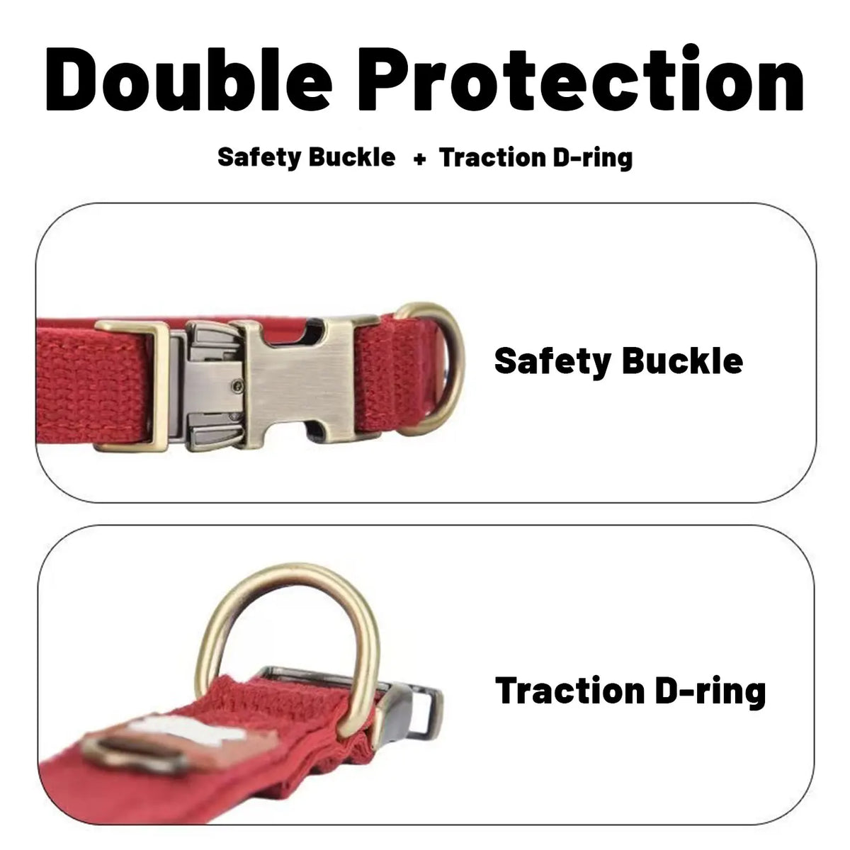 A red safety buckle and a brass traction D-ring are shown for double protection on a dog collar.