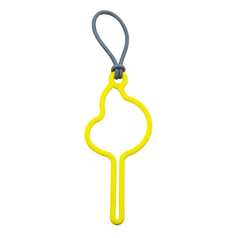 A yellow hands-free dog poop bag dispenser with a gray leash clip.