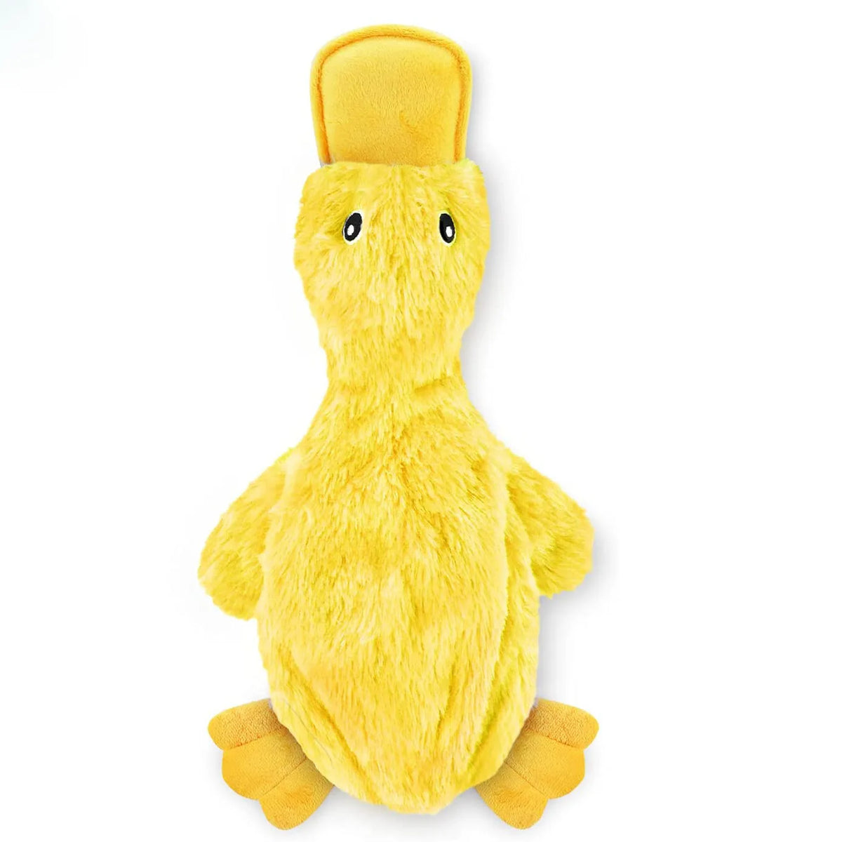 A yellow plush duck toy with a yellow cap and orange feet.