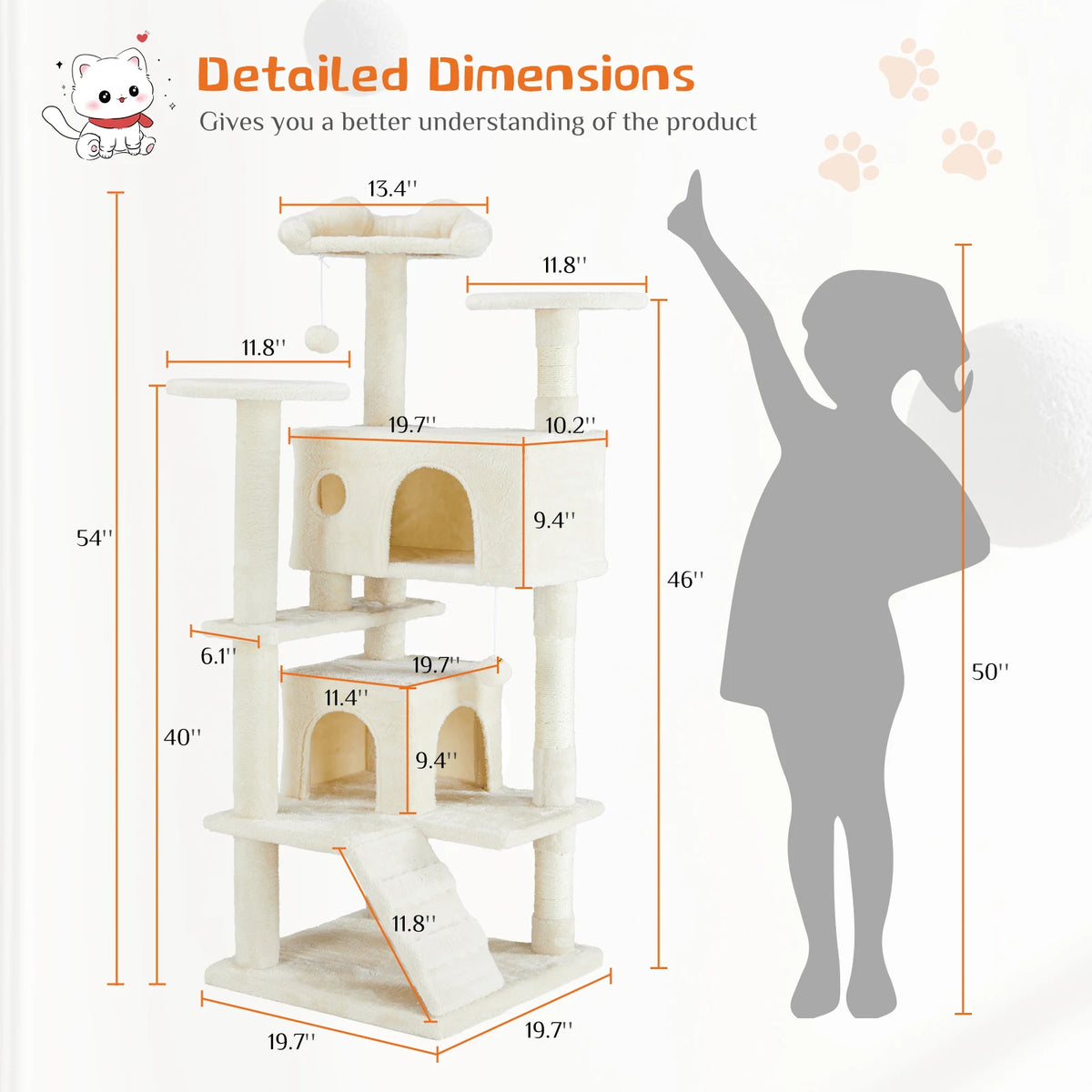 Detailed dimensions of a 4-tier cat tree tower showing various measurements and scale comparison.