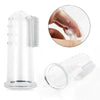 A clear silicone finger toothbrush for dogs is shown with a close-up view of the brush and a full product shot.