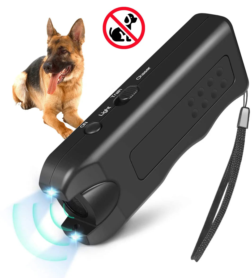 A black rechargeable ultrasonic dog bark control device is shown next to a dog, demonstrating its light function.