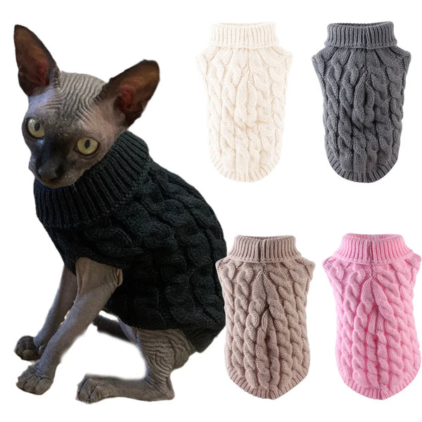 A warm knitted sweater for a Sphynx cat in black, gray, and pink colors.
