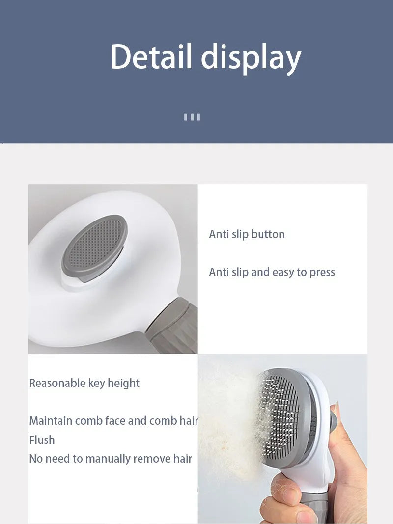 Close-up view of a white pet hair removal brush with massage pins being used to remove hair from a surface.