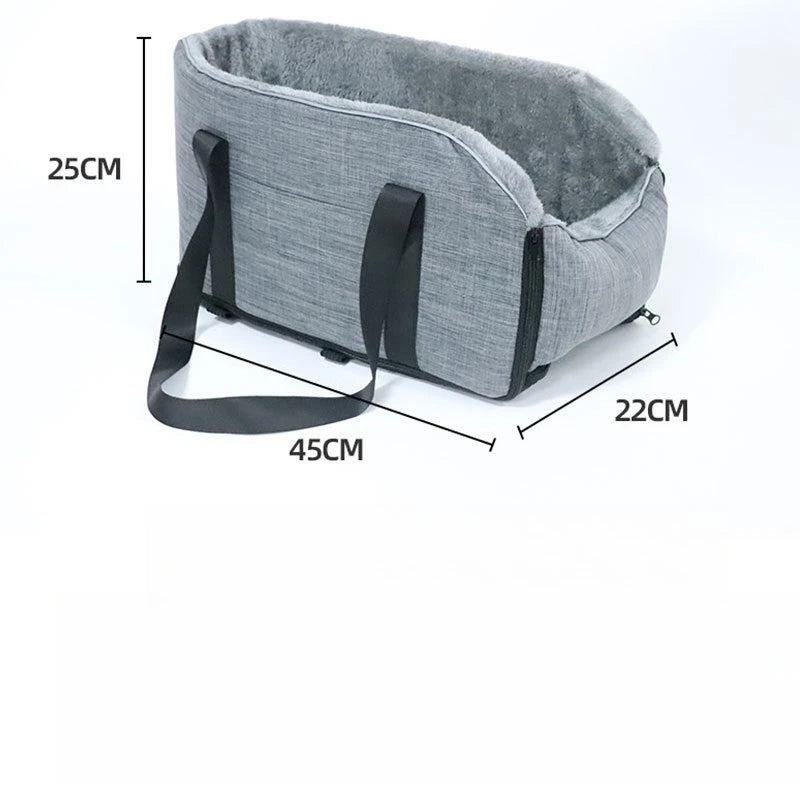 Gray portable pet car bed featuring a soft, fuzzy lining and safety straps.