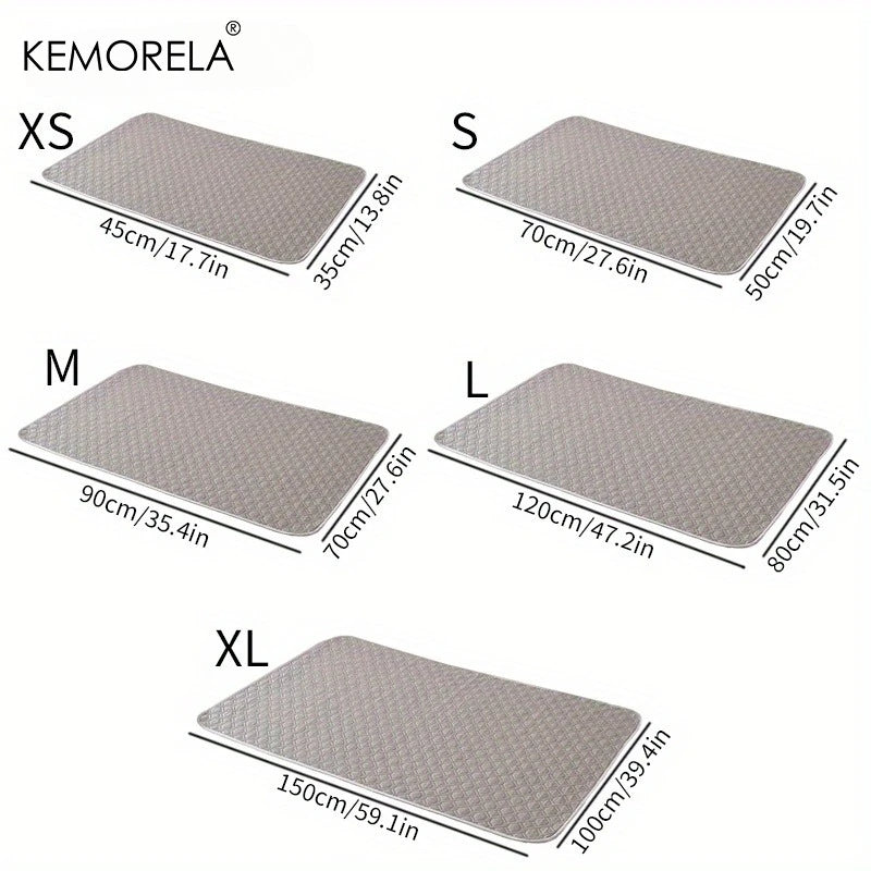 A set of Kemorela reusable pet training pads in various sizes XS, S, M, L, and XL.