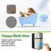 A blue pet bathtub filled with water and a dog and a cat enjoying a bath, surrounded by silicone grooming tools.