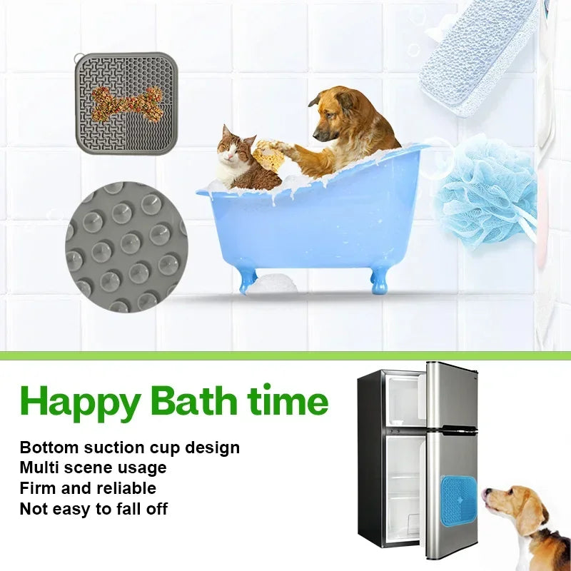 A blue pet bathtub filled with water and a dog and a cat enjoying a bath, surrounded by silicone grooming tools.