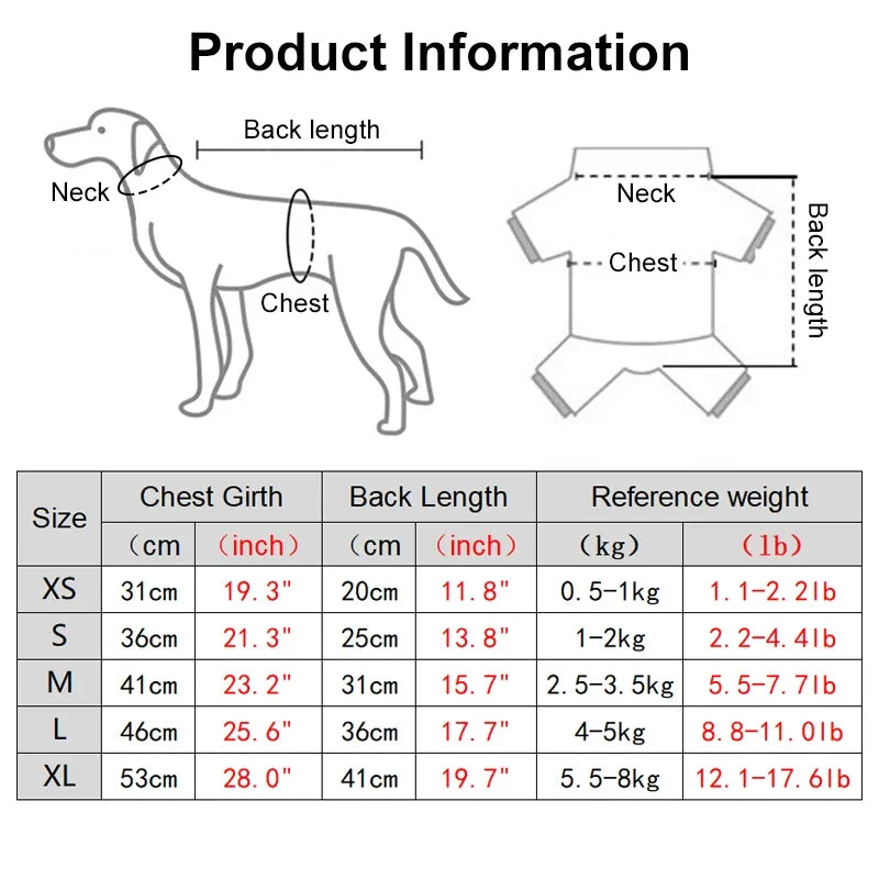 A chart detailing the sizes and corresponding chest, back length, and reference weight for soft cotton dog pajamas.