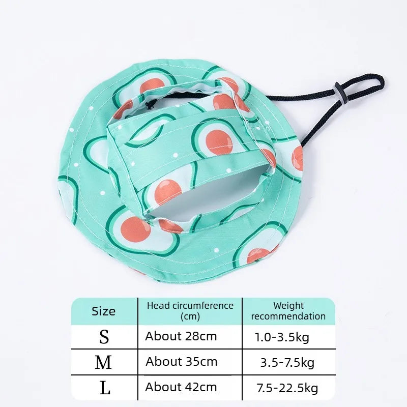 Light green pet bucket hat with an avocado print shown flat with size recommendations.
