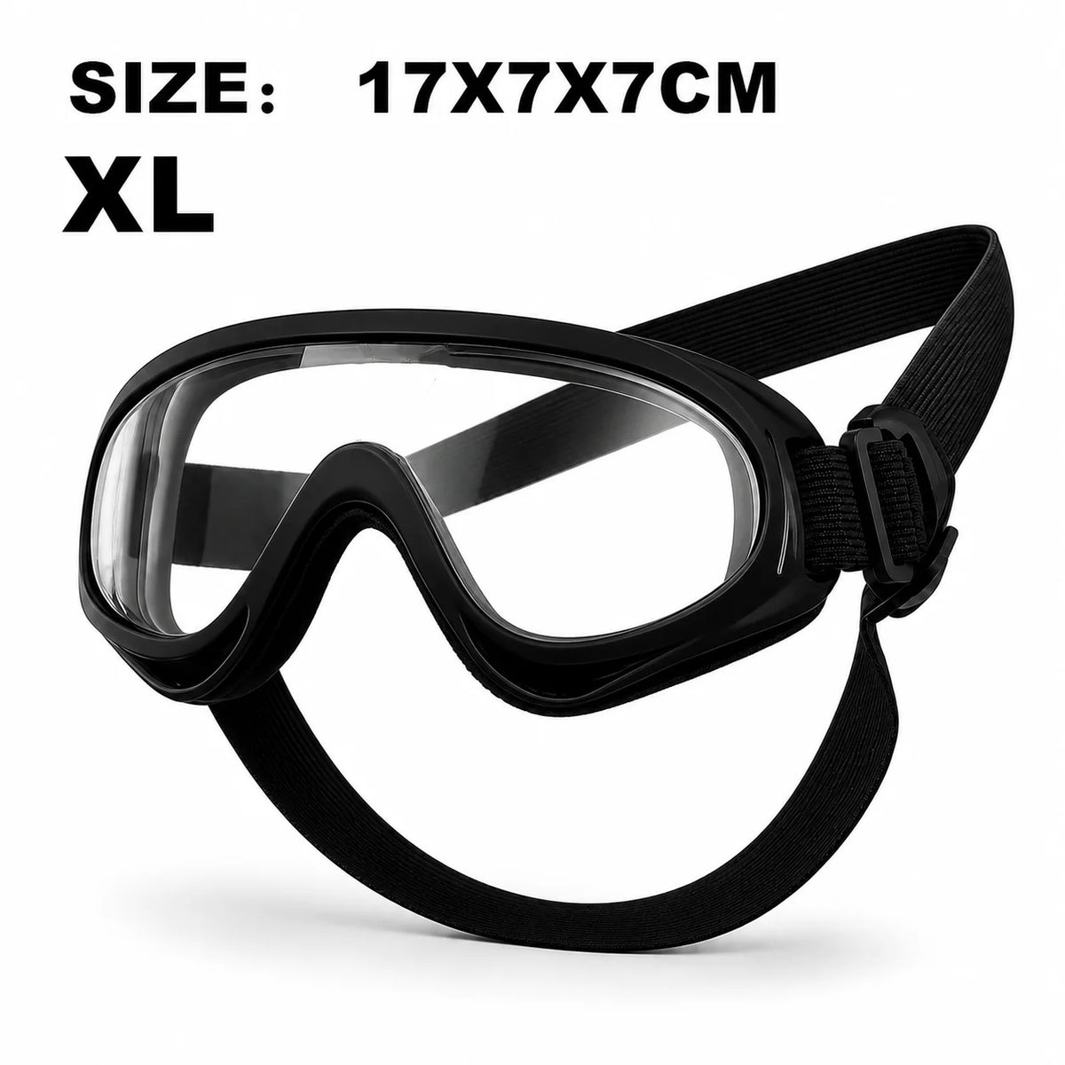 Black XL adjustable pet goggles with a clear lens and black strap