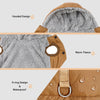 Close-up view of a brown fuzzy jacket with a hood and D-ring, showing the warm fleece lining.
