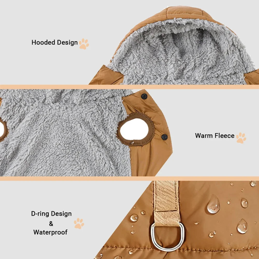 Close-up view of a brown fuzzy jacket with a hood and D-ring, showing the warm fleece lining.
