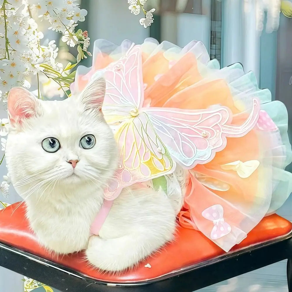 A white cat is sitting on an orange pet dress decorated with colorful butterfly fabric.