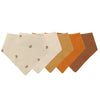 A pack of three soft cotton baby bibs in various earth tones including beige, tan, orange, and brown.