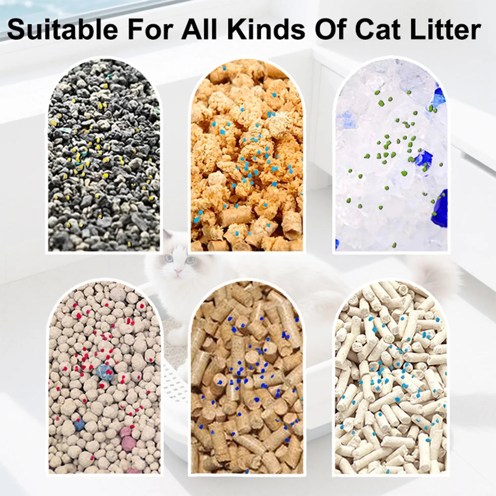 Various types of cat litter, including granular, pellet, and bead litter, shown for comparison.